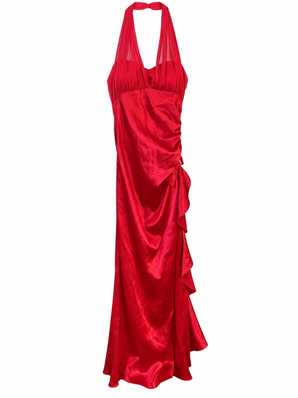 VTG Y2K Blondie Nites Red Satin Halter Gown Ruched Dress 3 Vampire Goth Formal